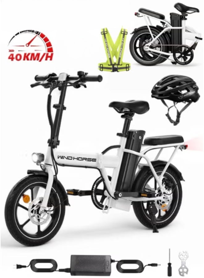 ويندهورس دراجة كهربائية قابلة للطي بمحرك سريع 350 واط، بطارية 36 فولت 8 أمبير، سرعة قصوى 25-30 كم/ساعة، مدى 35 كم، هيكل من سبائك الكربون مع مقعدين، خوذة وسترة أمان - Image 1